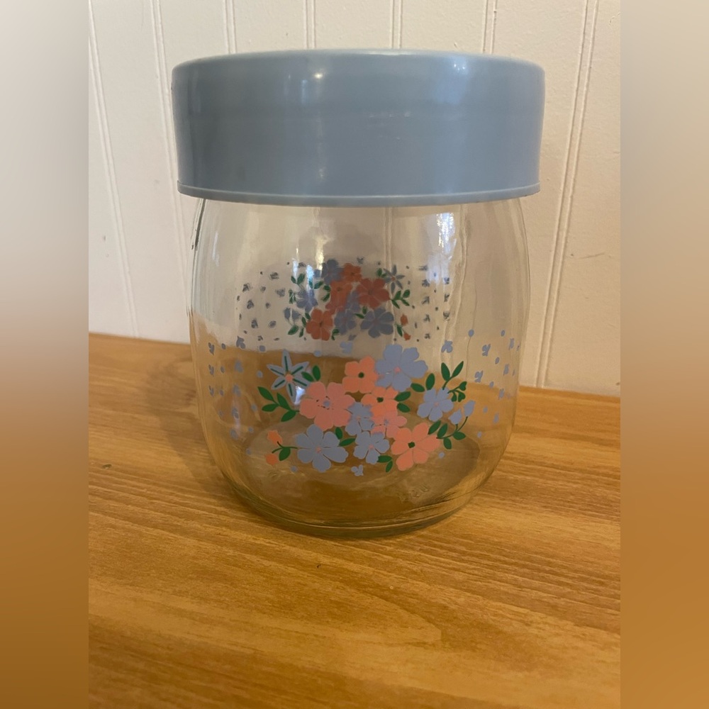Vintage Carlton Glass Pink & Blue Flower Kitchen Canister Blue Top 3/4L